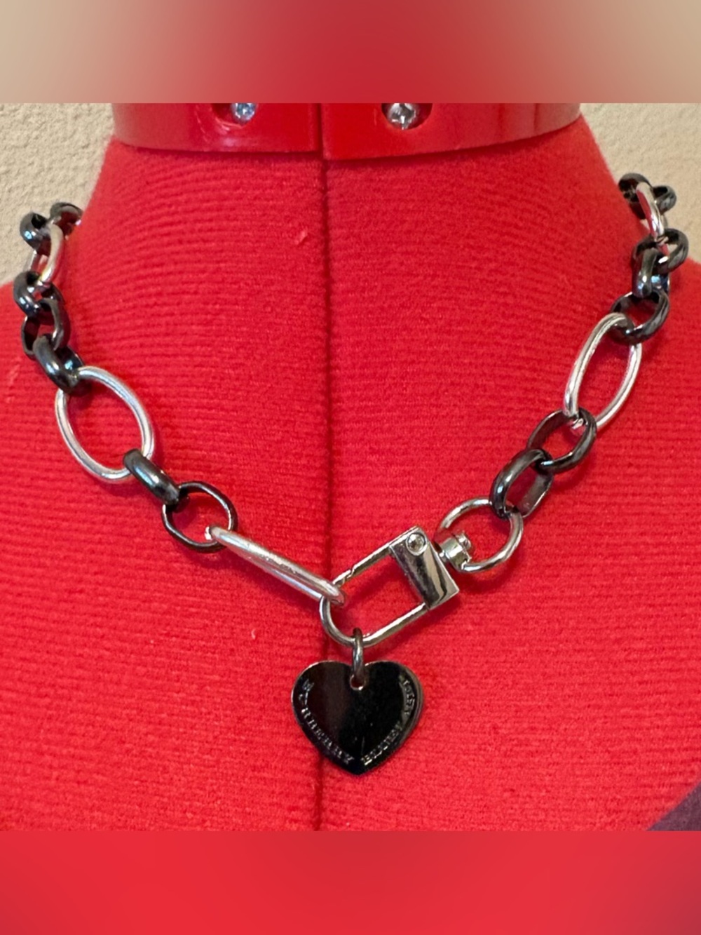 Authentic Burberry Heart charm in gun metal on 17" unbranded chain